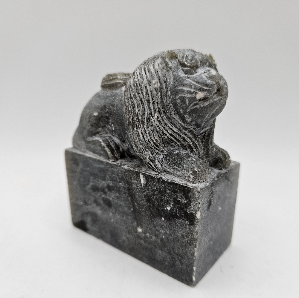 Vintage Carved Gray Soapstone Lion on Pedestal Figurine 2.5" Long